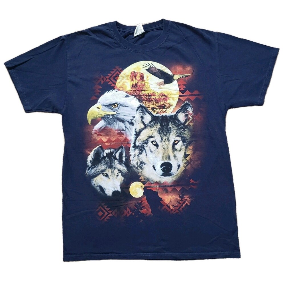 Vintage Y2K Southwest Aztec Animals Size Medium Mens Blue Jerzees T-Shirt Wolf